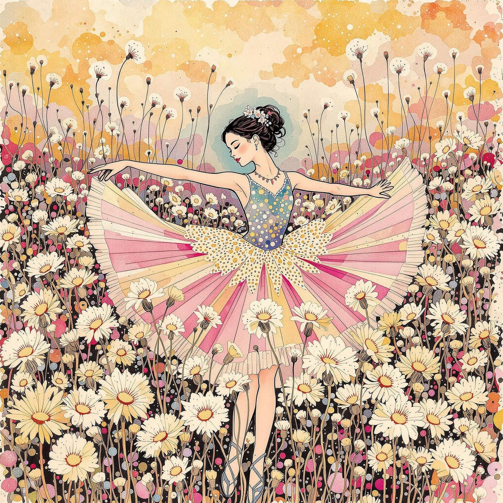 Ballerina Among Dandelions in Art Nouveau Style