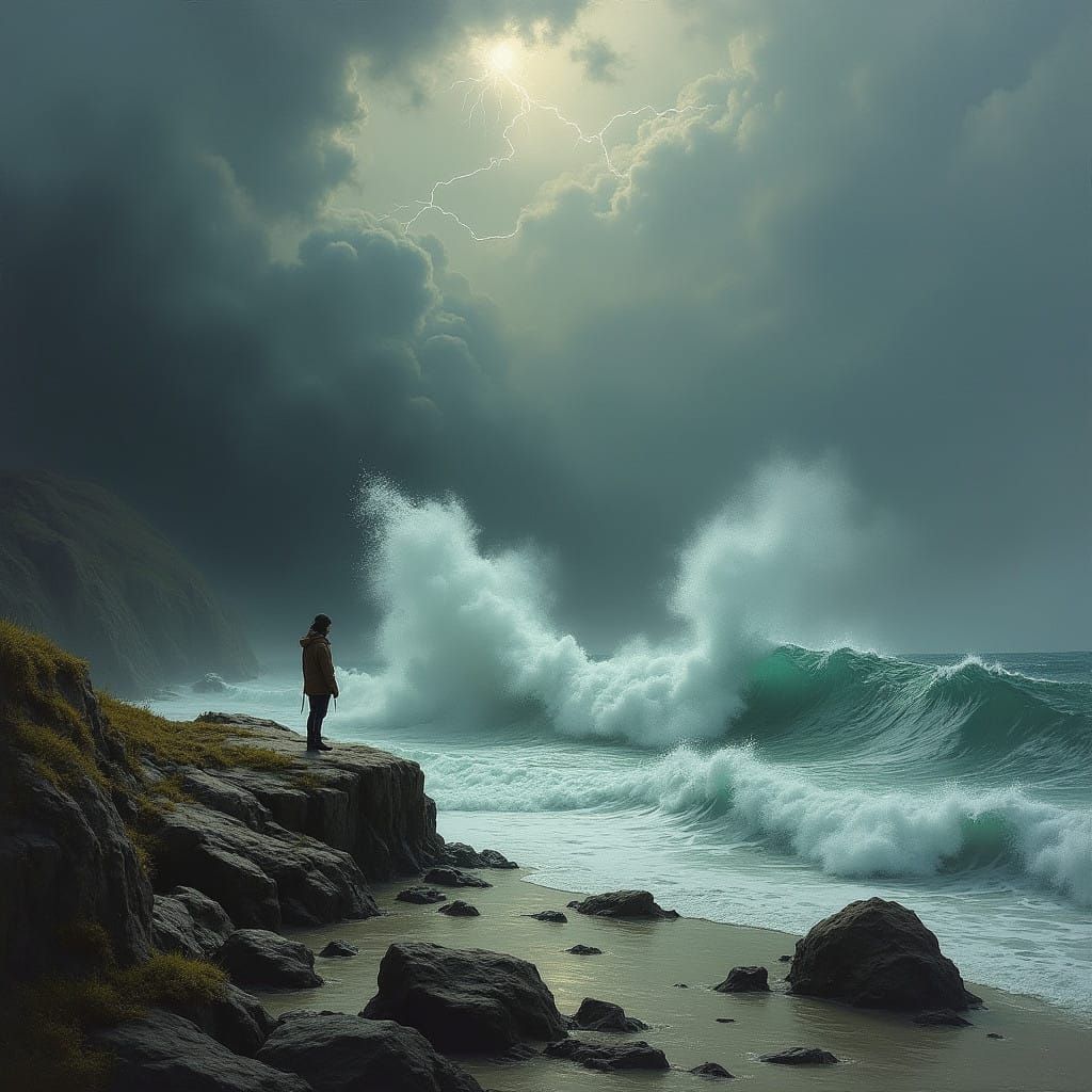 Stormy Coastal Scene in Muted Earthy Tones