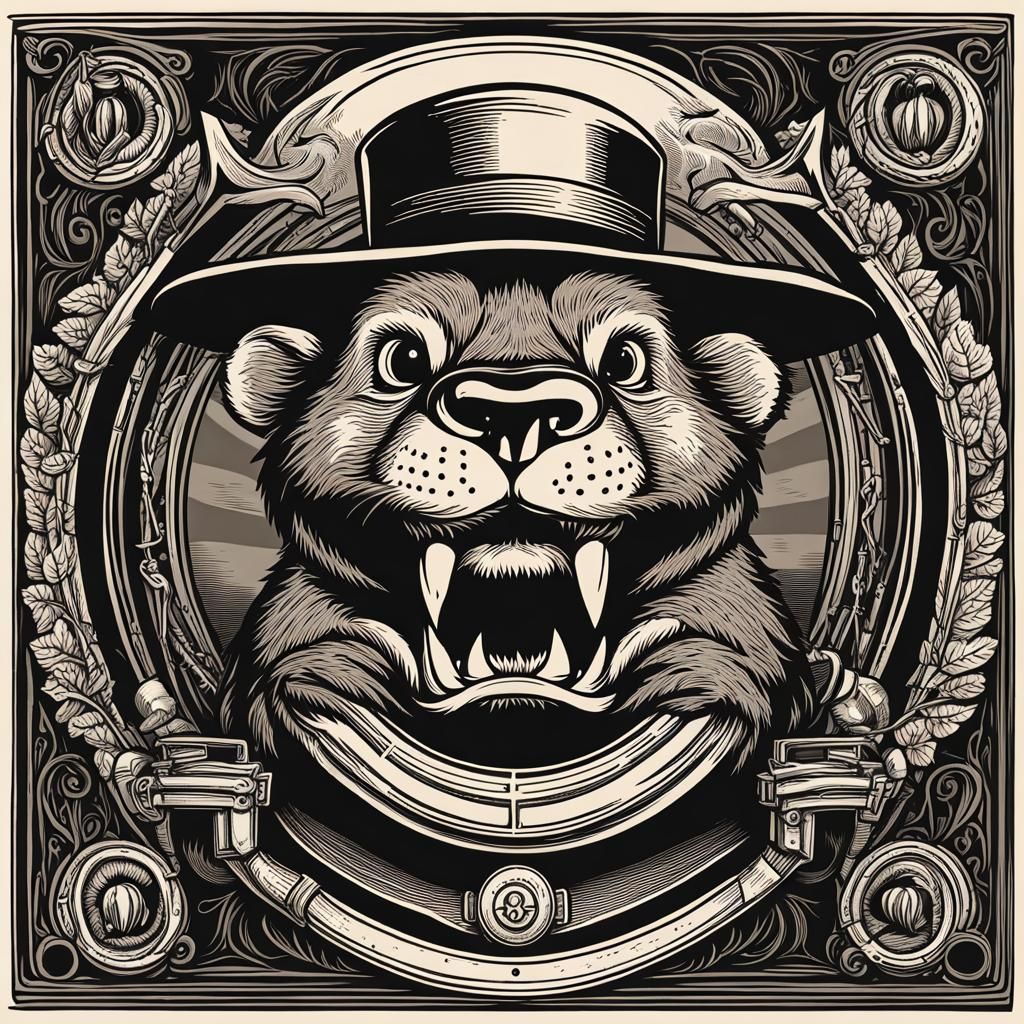 Beaver Mascot in Tophat: Woodcut Style Illustration