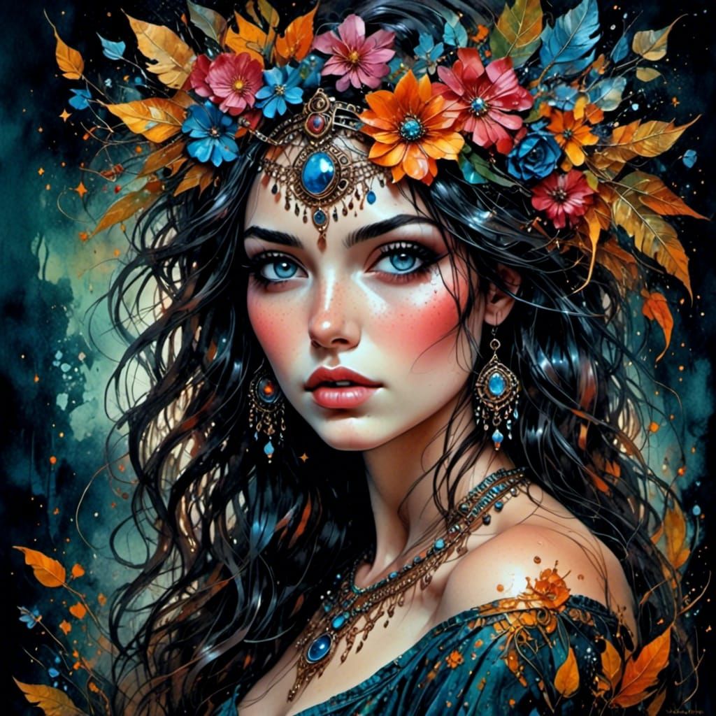 Starlit Flower Lady in Watercolor Style