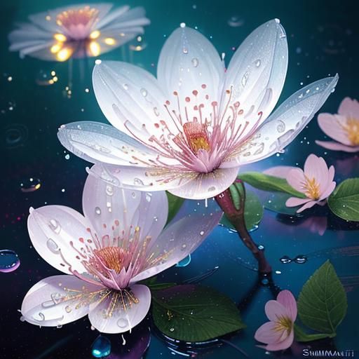 Sakura Branch with Water Droplets: Surreal Digital Art