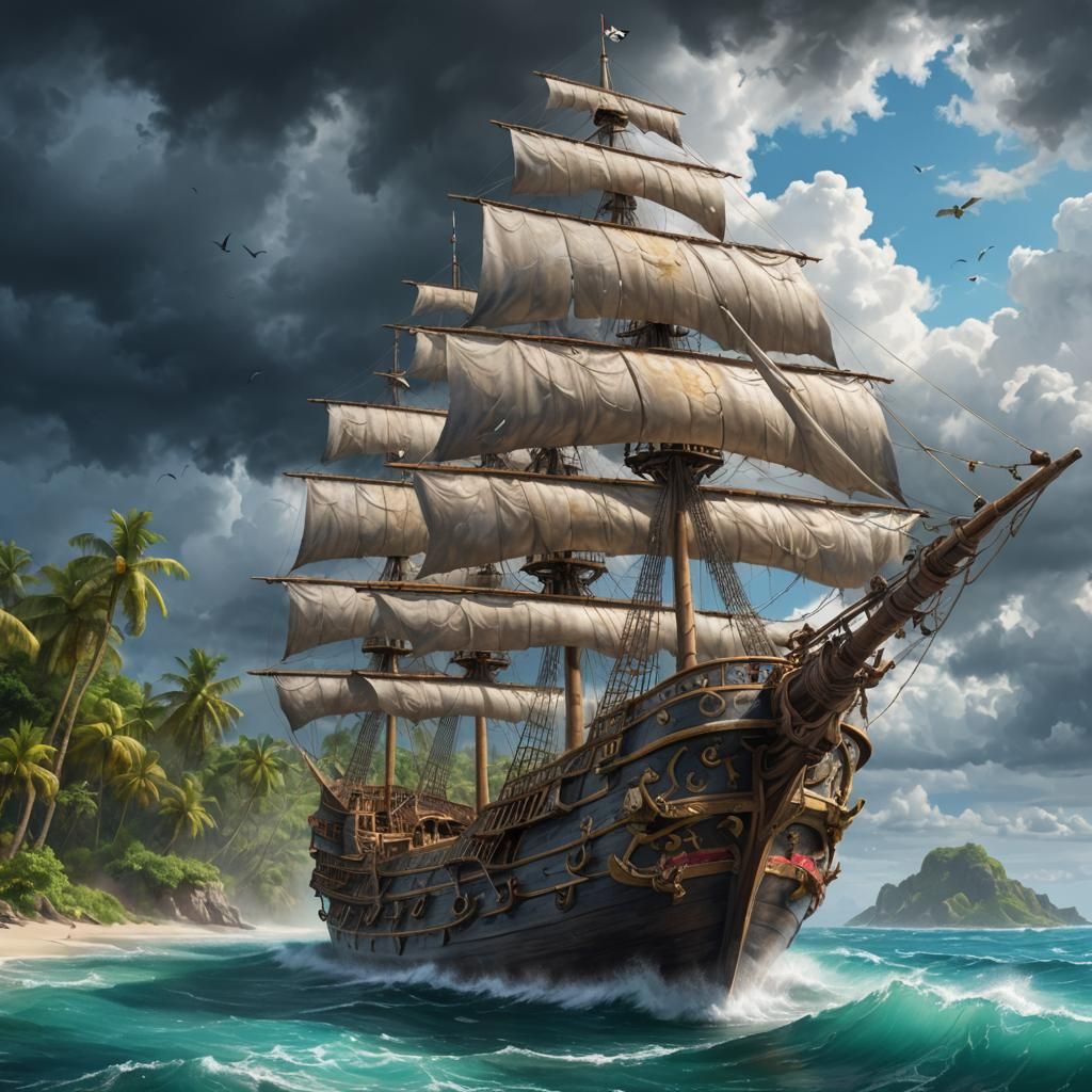 Pirate Ship Entering Bay of Exotic Island: Photorealistic Pa...