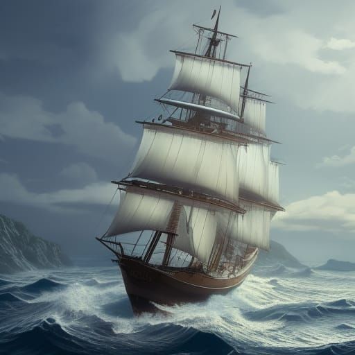 Ultra Realistic Sailing Ship at Pale Sunrise