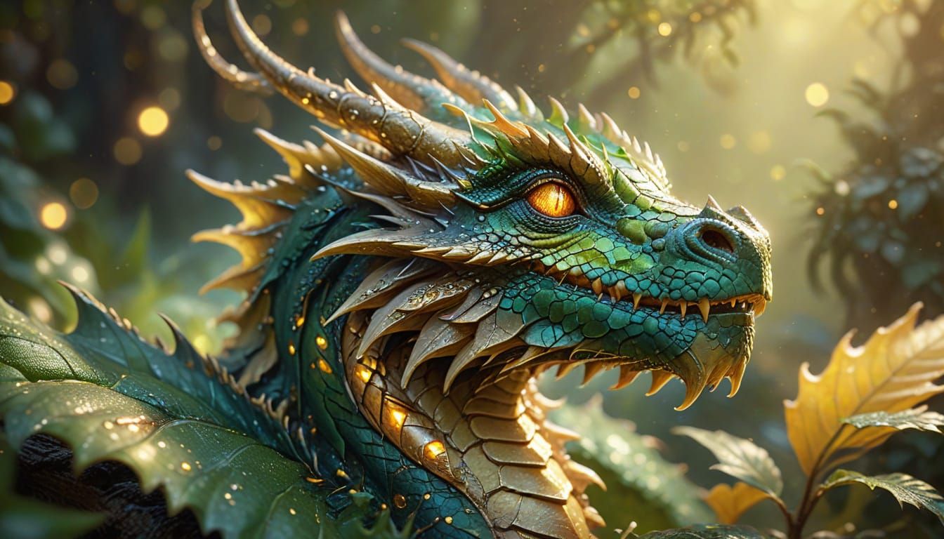 Dragon on Leaf in Radiant Gold Tones