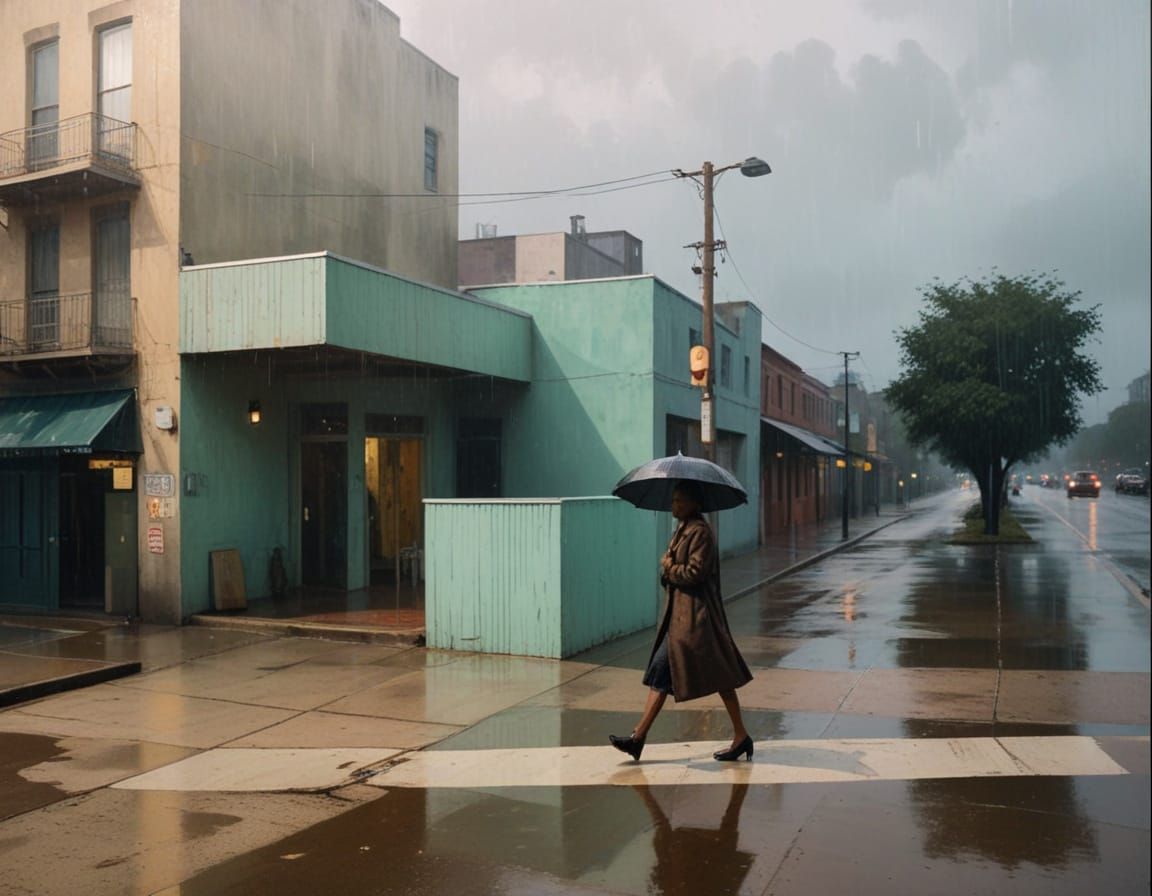 Woman With Umbrella in Moody City Lights