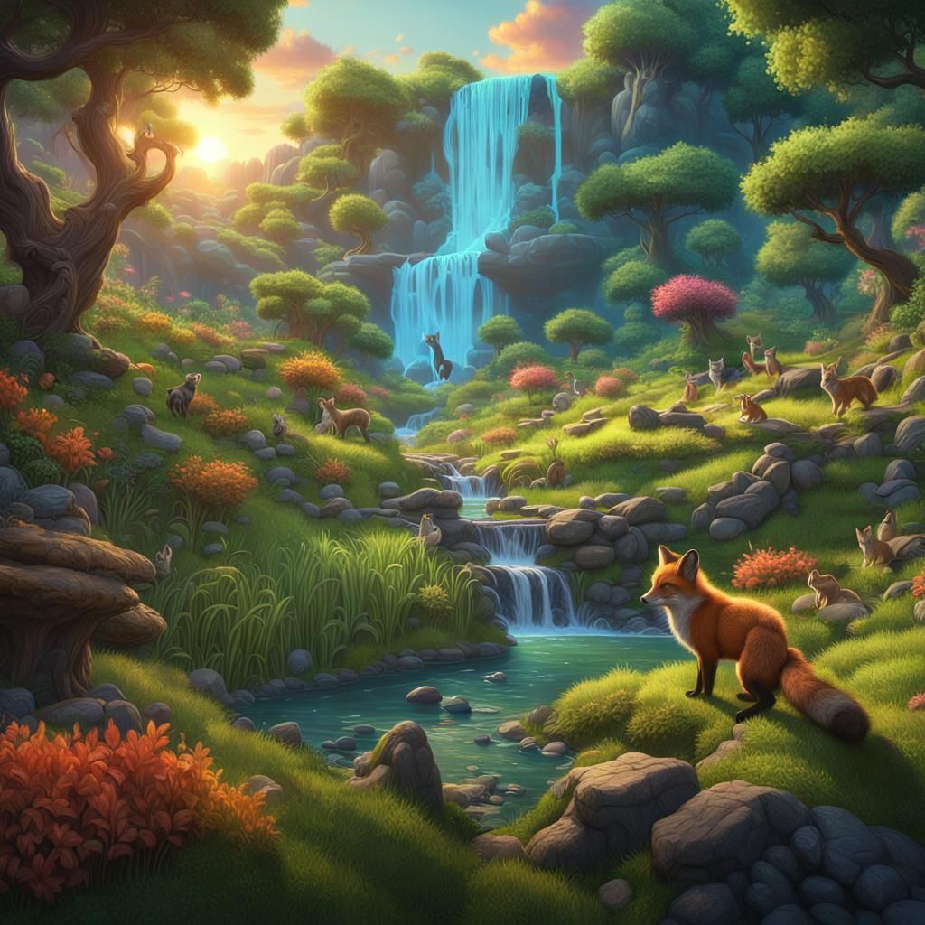 Enchanting Landscape with Wildlife at Sunset