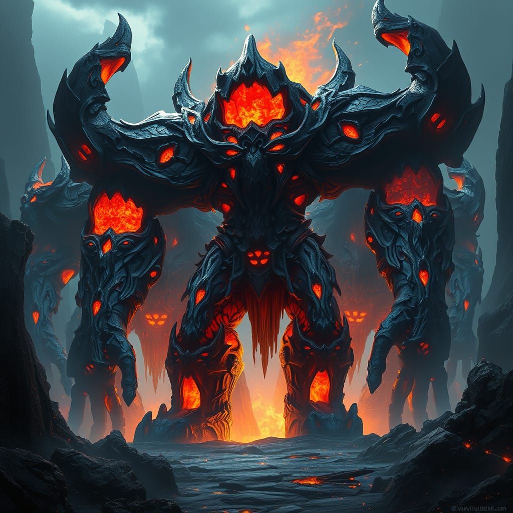 Obsidian Golems Erupting With Magma in Fantasy Concept Art