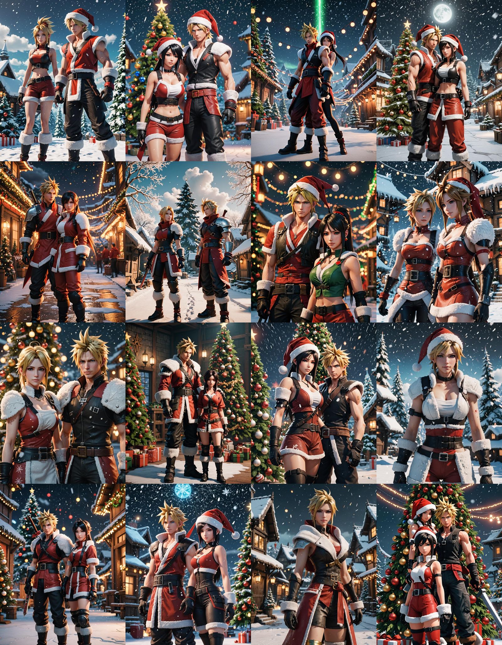 Cloud and Tifa in Santa Suits: 3D Game Render
