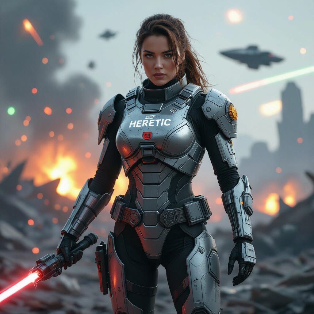 Heroic Space Warrior in Sci-Fi Battle Scene