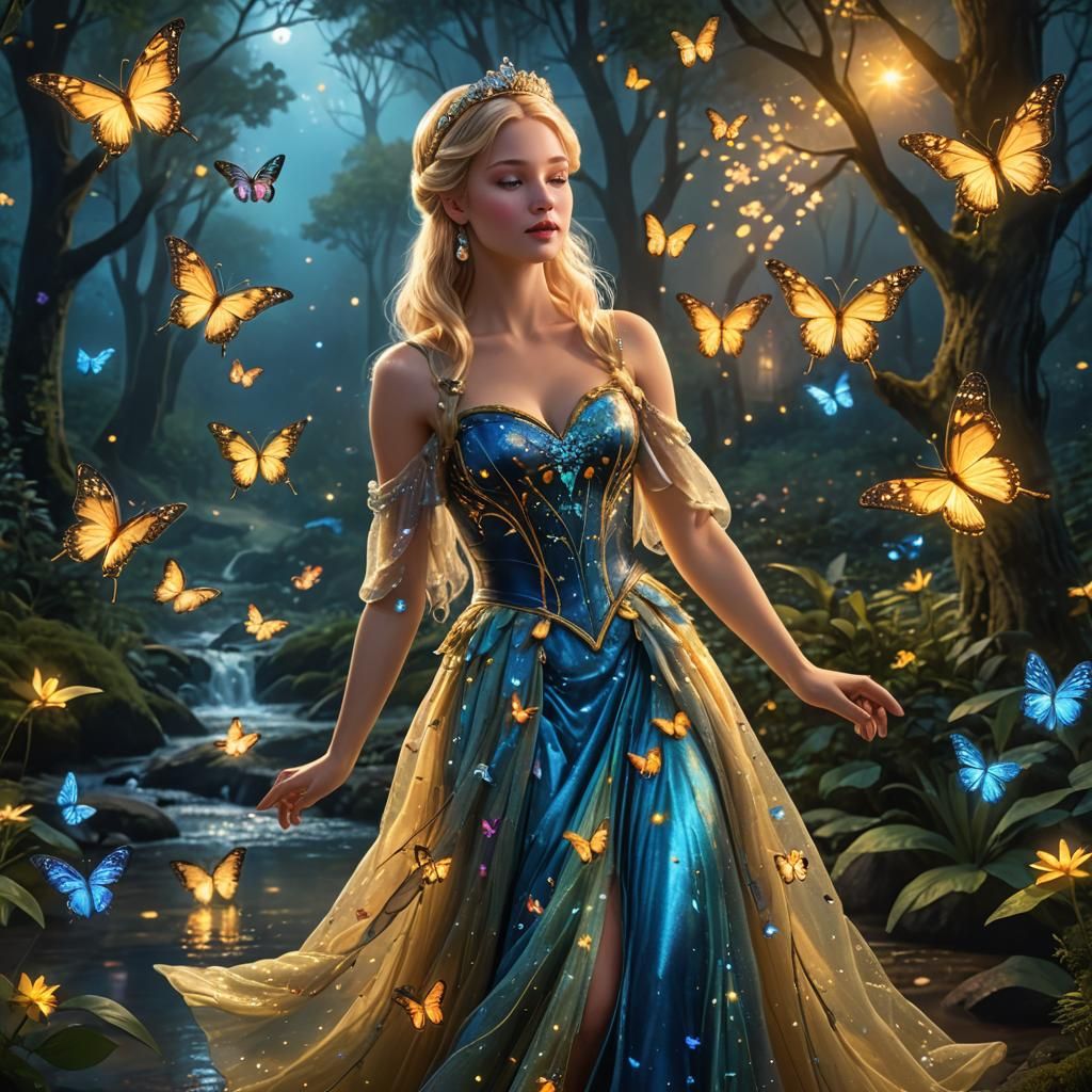 Nighttime Princess with Butterfly in Mystical Forest