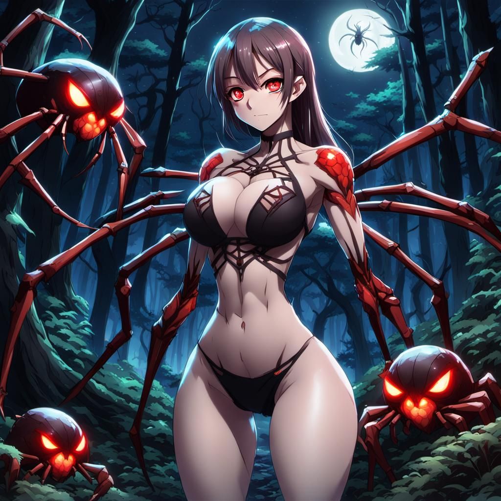 Muscular Arachne Girl in Magic Forest, Anime Style