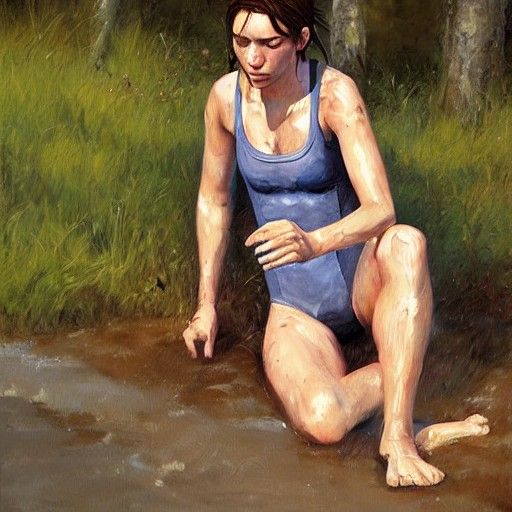 Character in Swimsuit, Oil Painting Style