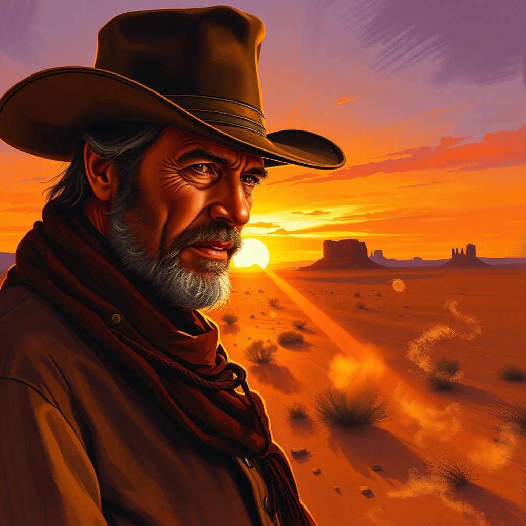 Rugged Cowboy at Desert Sunset Oil Painting