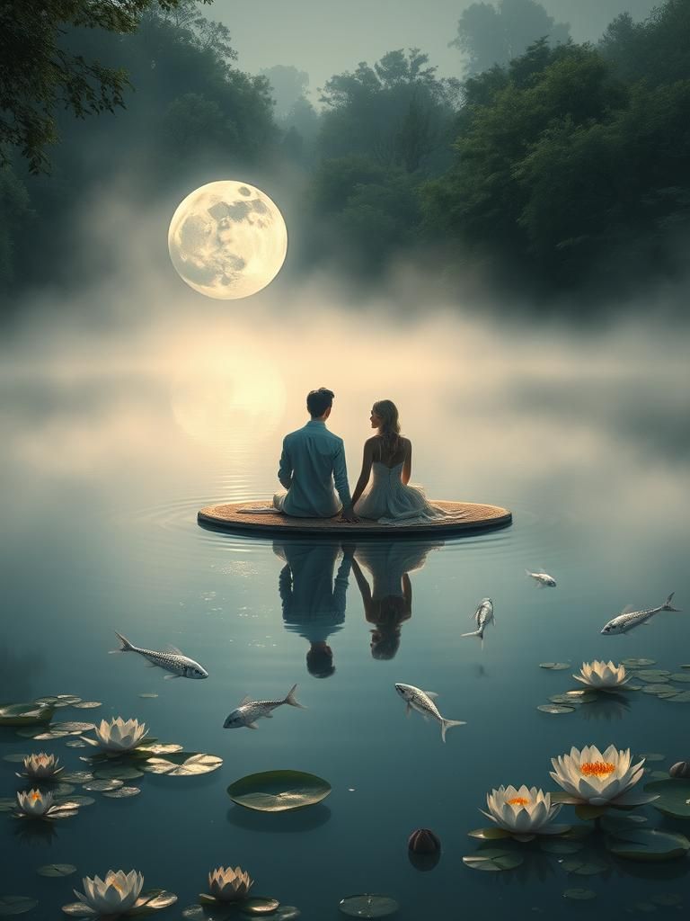 Lovers by Moonlit Pond: Impressionist Digital Painting