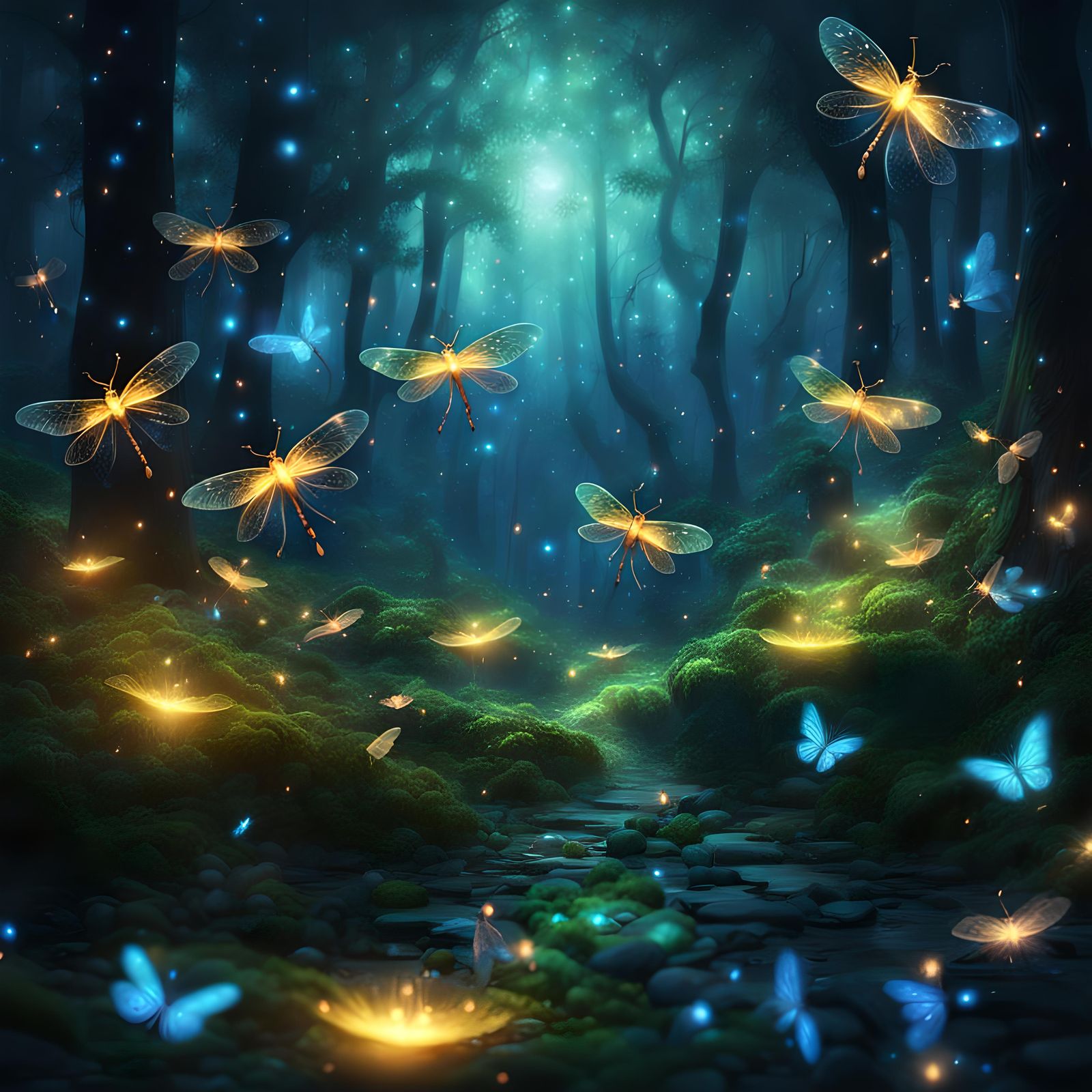 Enchanting firefly dance in mystical forest