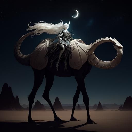Dark Elf Rides Camel Through Desert Night