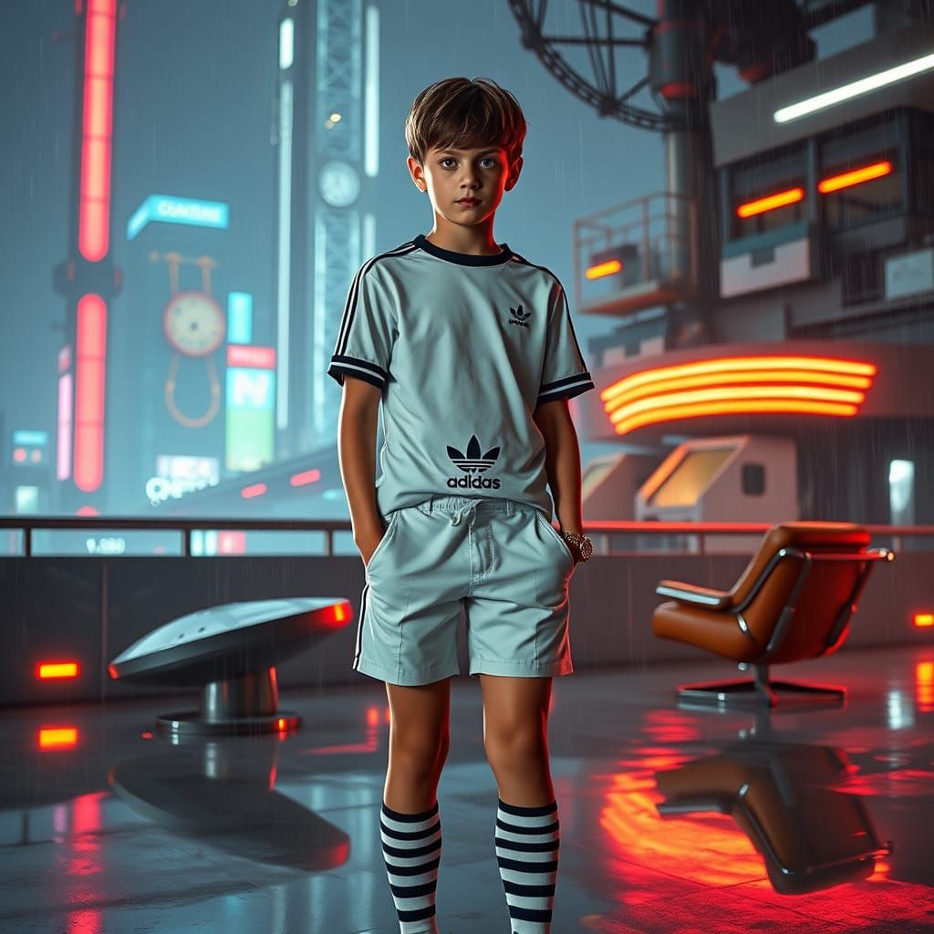 Retro-Futuristic Boy in Cyberpunk Cityscape