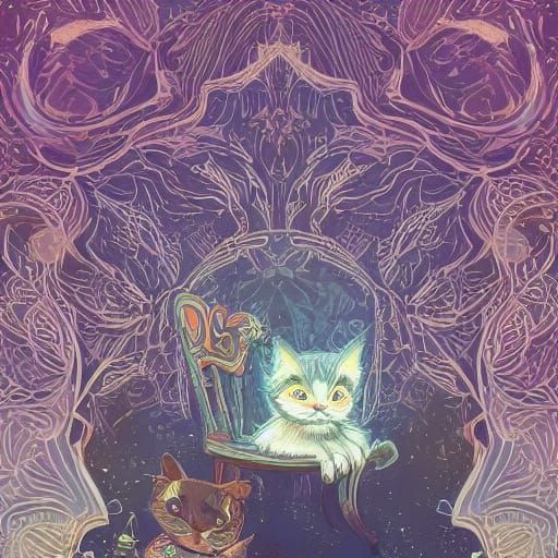 Ethereal Cat on Chair, Digital Fantasy Illustration