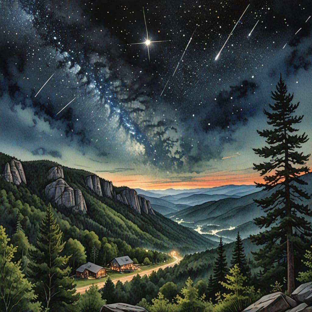 Perseids Meteor Shower Over Appalachia in Watercolor Style