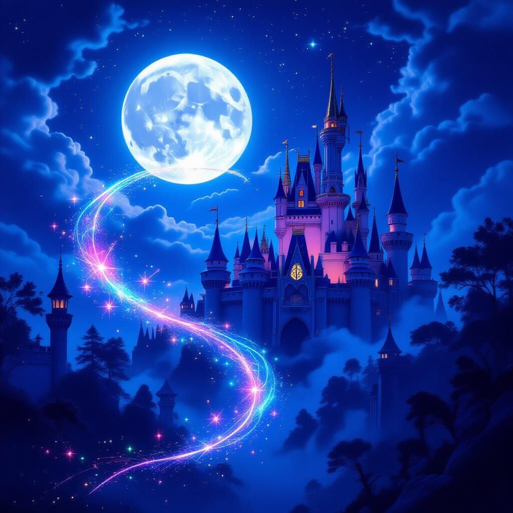Fantasy World at Night with Luminous Moon and Castles