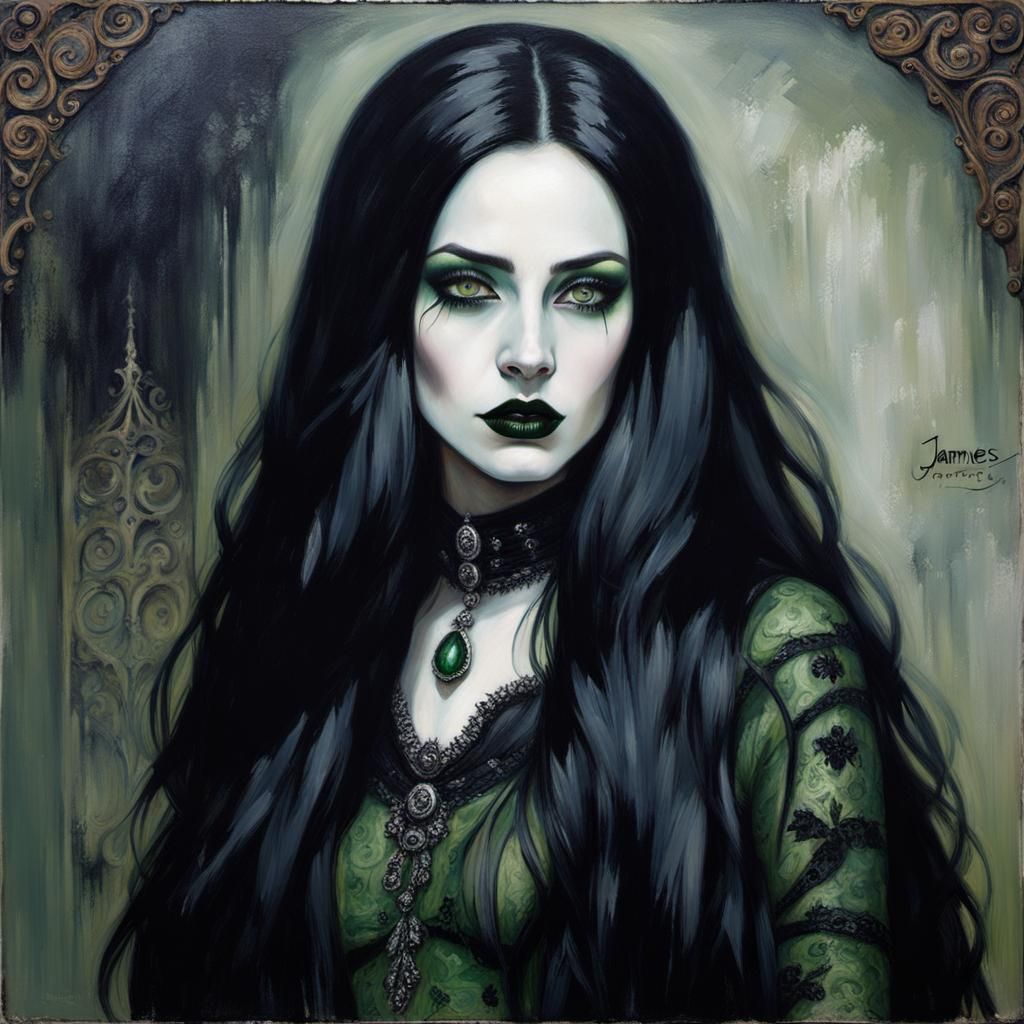 Gothic Beauty with Green Eyes: An Oil Painting