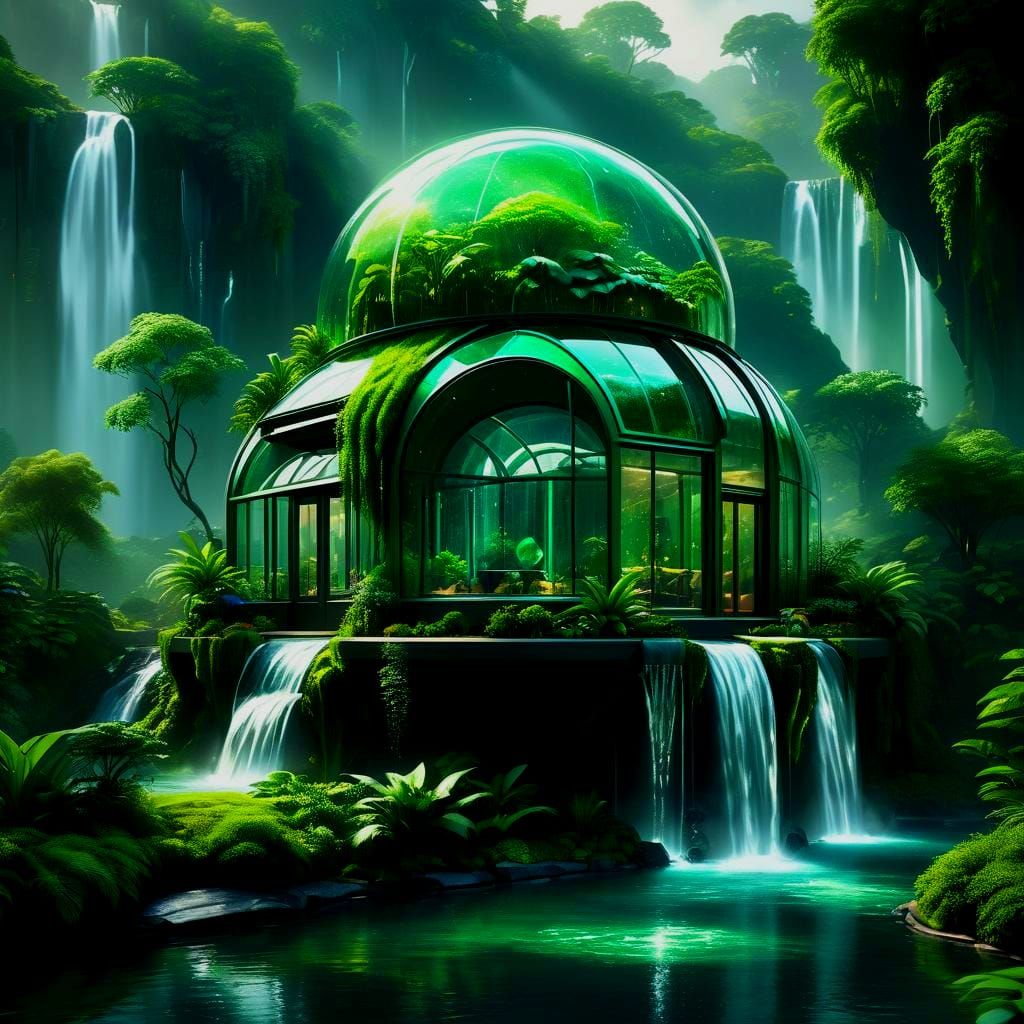 Futuristic Pentagon Greenhouse with Waterfalls: Utopian Land...