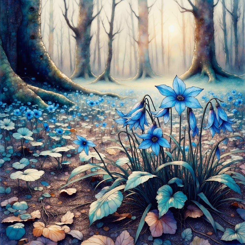 Delicate Blue-Purple Flowers Bloom Amidst Forest Floor in Fr...