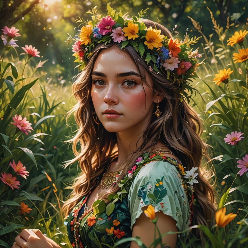 Woman in Floral Crown in Lush Meadow: Hyperrealistic Art