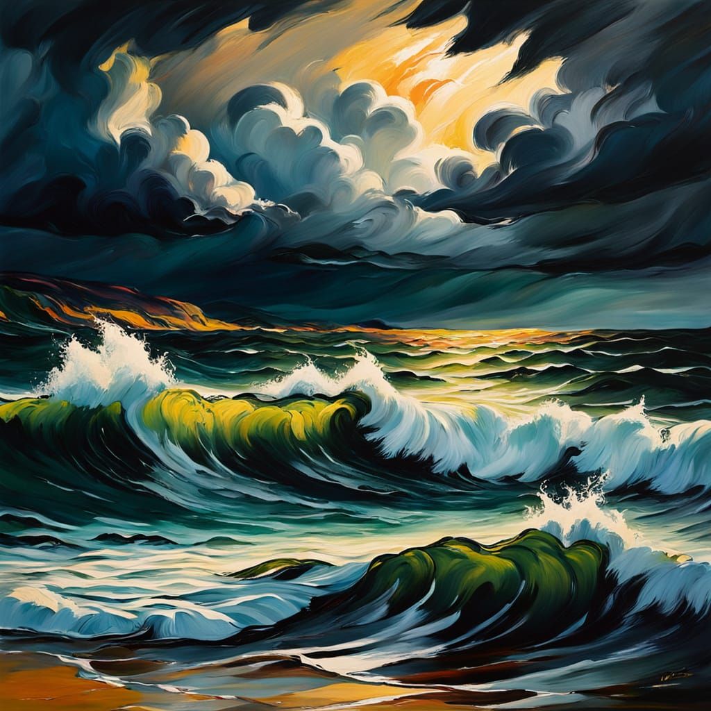 Munch-esque expressionist seascape with bold brushstrokes and vibrant colors, capturing the turmoil of a stormy Norwegia...