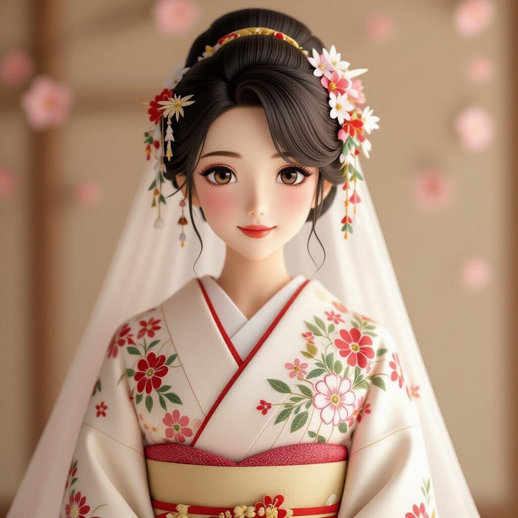 Bride in Traditional Japanese Kimono and Makeup