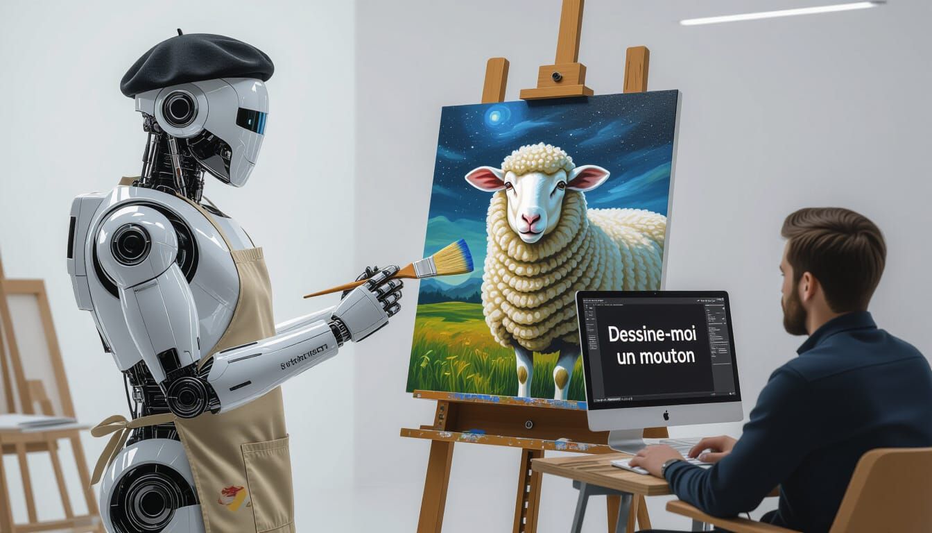 Robot Artist Painting Sheep in Futuristic Style