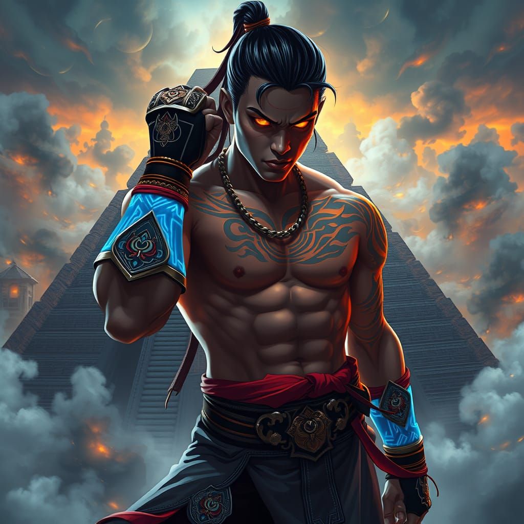 Muay Thai Warrior on Ziggurat in Anime Style