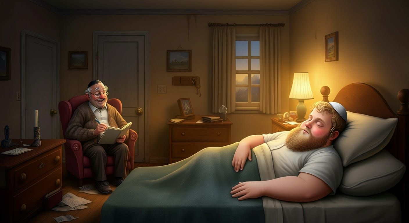 Sleeping Hasidic Man in Comical Bedroom Scene