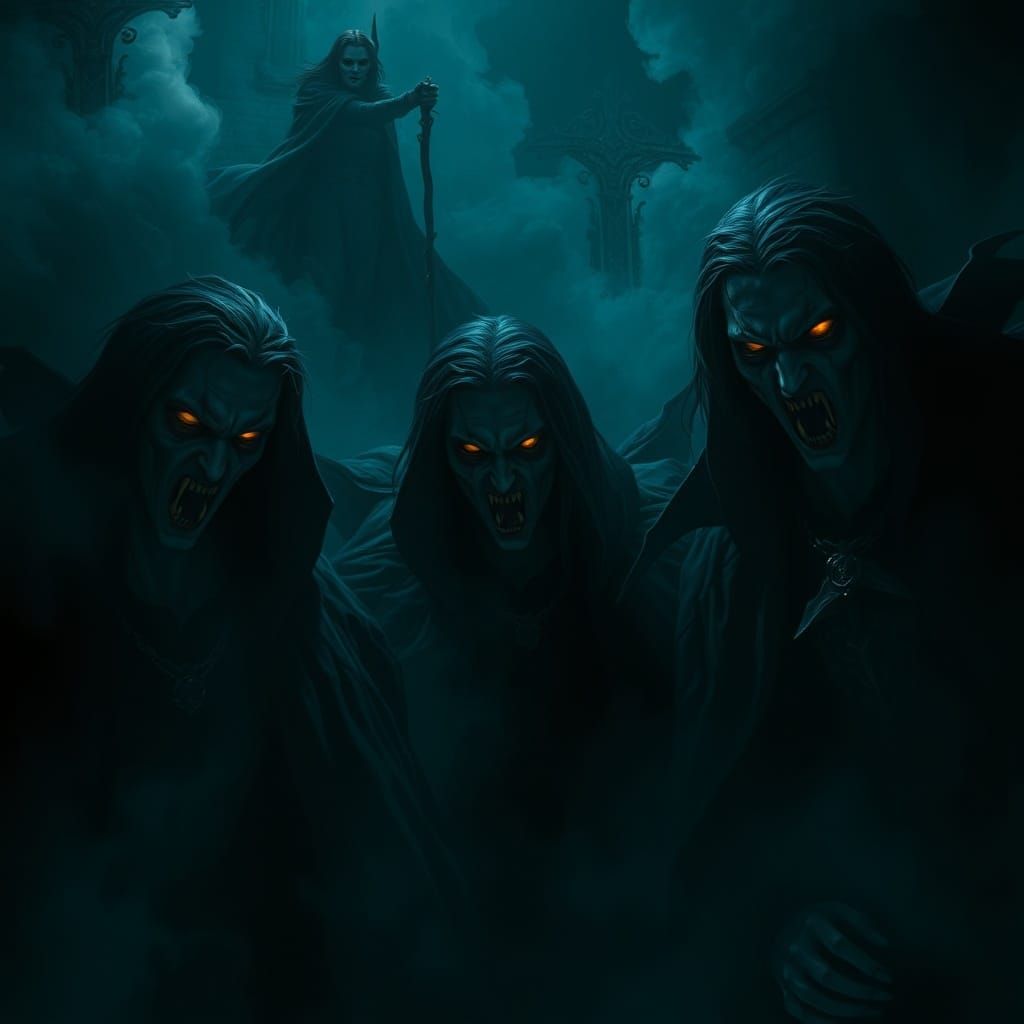 Gothic Vampires in Shadowy Mist, Glowing Eyes