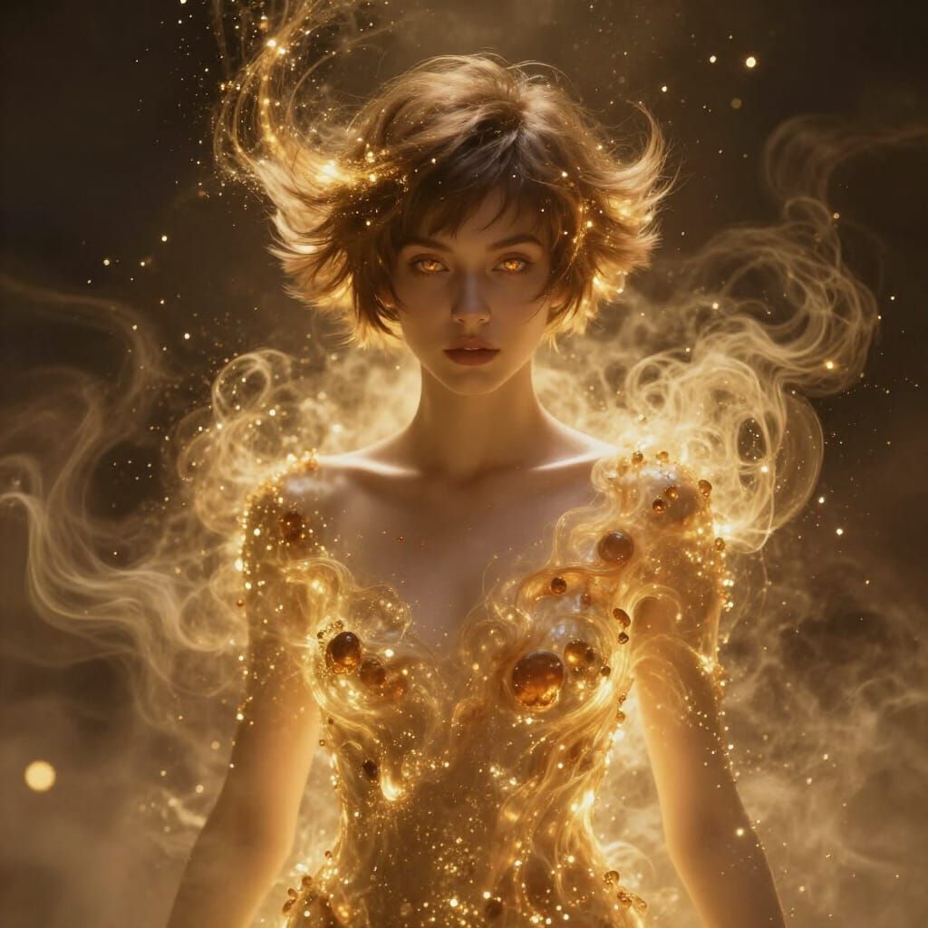 Pixie-Cut Goddess Manifests as Amber Particle Cloud