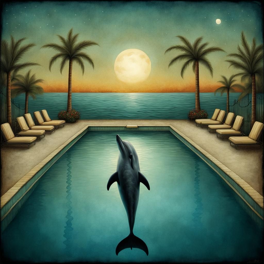 Dolphin in Retro Hotel Pool Art