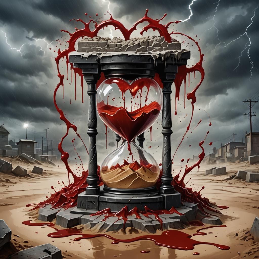 Hourglass, heart dripping blood in the top half, blood changing to sand, sand  running down onto a grave in the bottom, ...