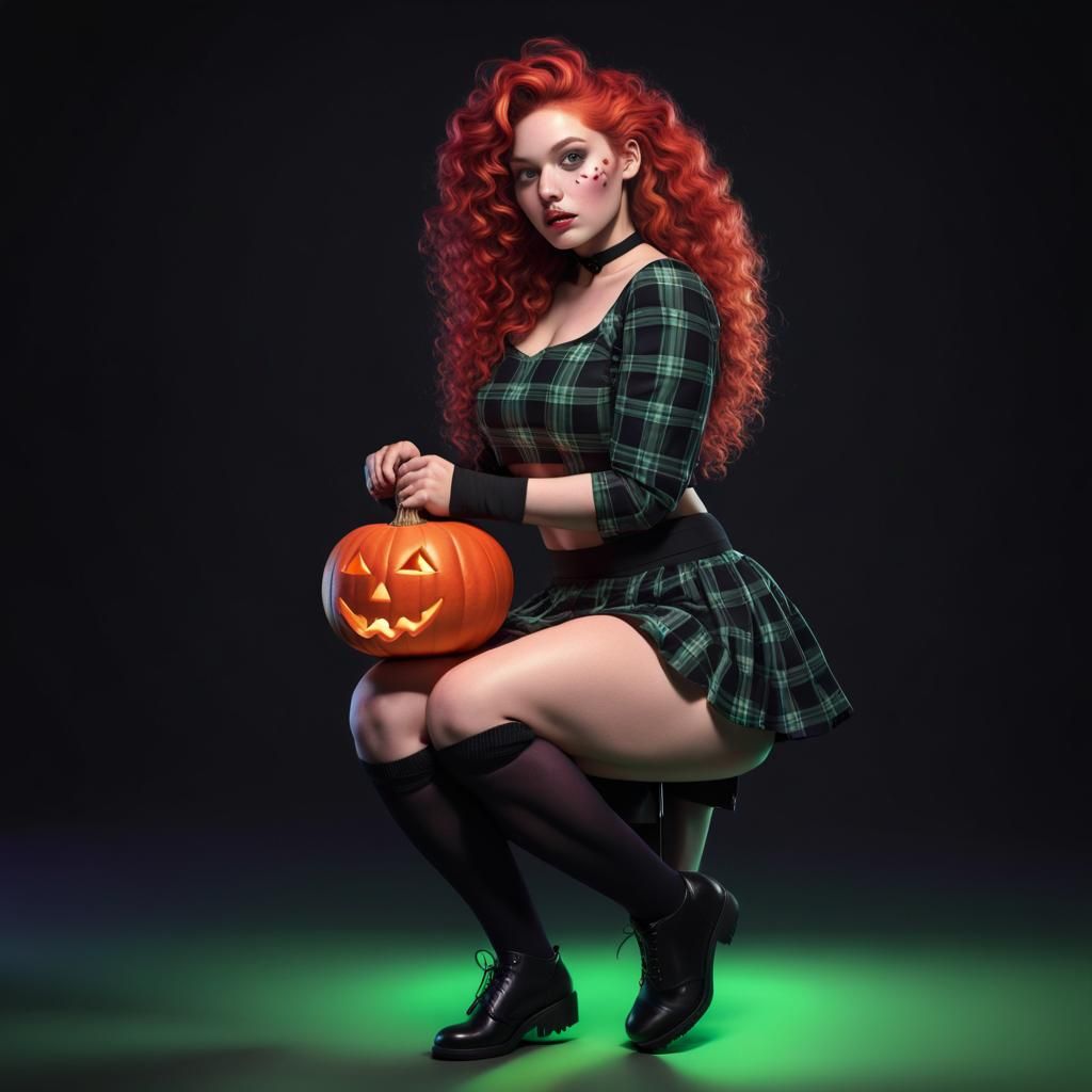 Curvy Athlete with Jack-o'-Lantern in Colorful 3D Render