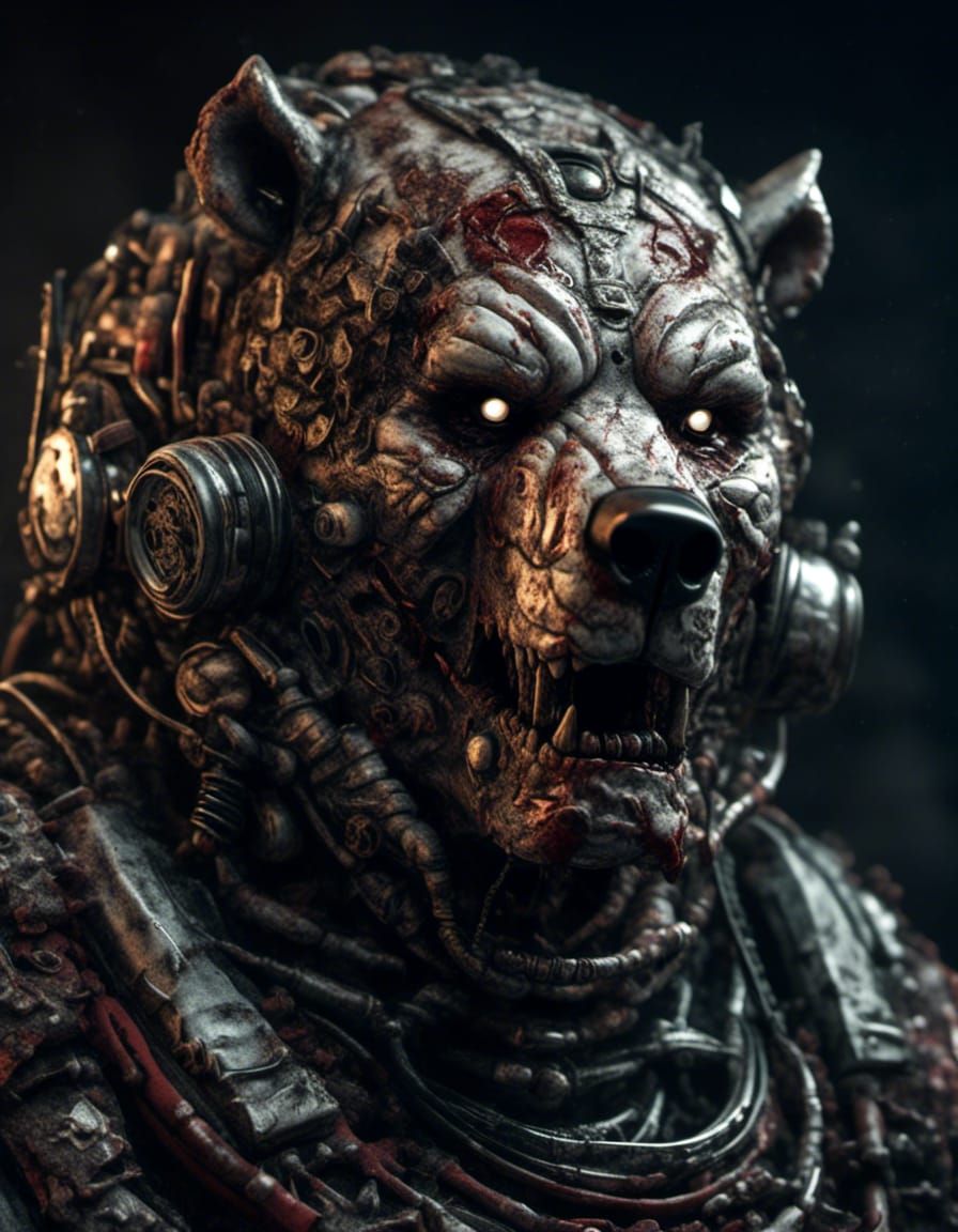Creepy Zombie Bear Robot Portrait in Horrorcore Style
