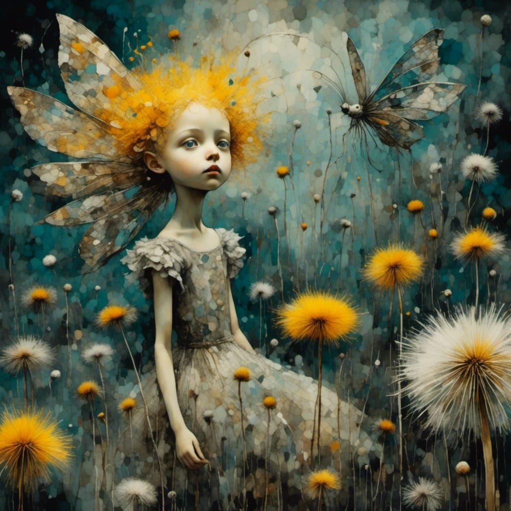 Winged Fairies in Dandelion Dreamscape, Surreal Art