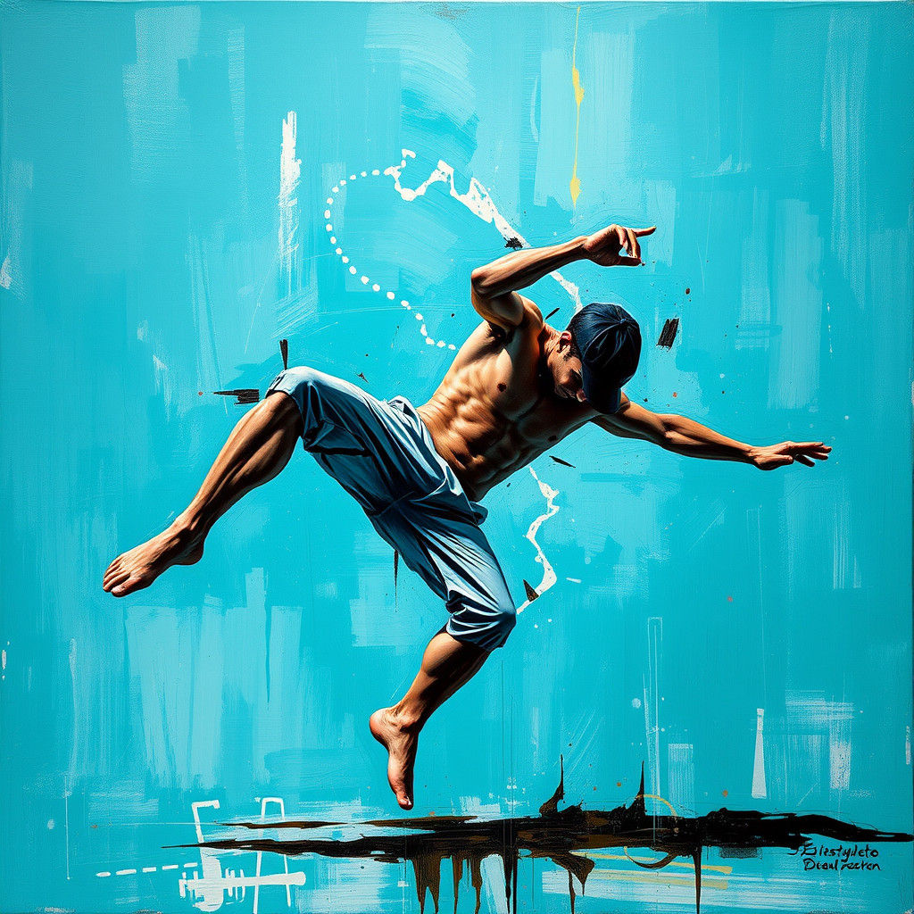 Flowing teal and silver painting of a breakdancer showing th...