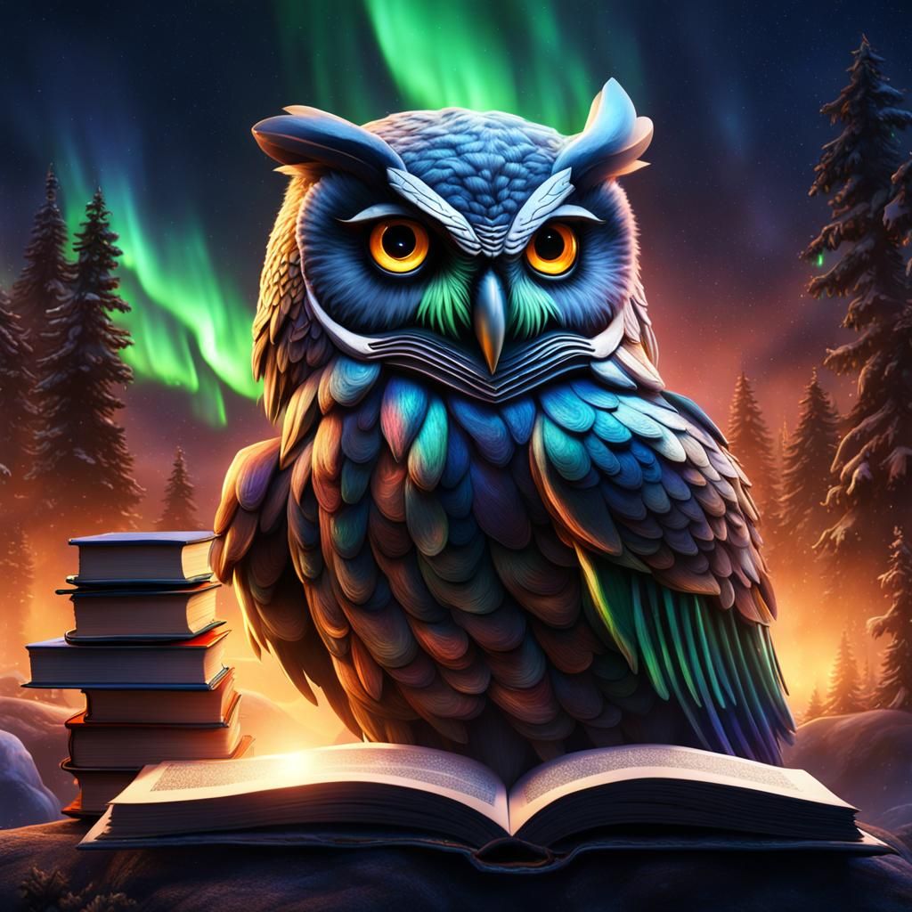 Fantastical Owl Amidst Northern Lights, Detailed Matte Paint...