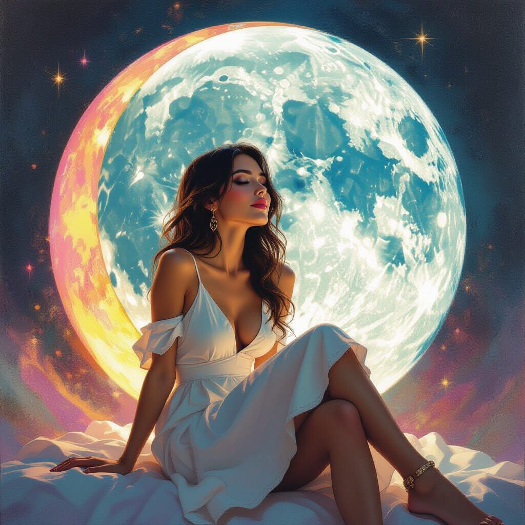 Woman in Smiling Moon Oil Painting