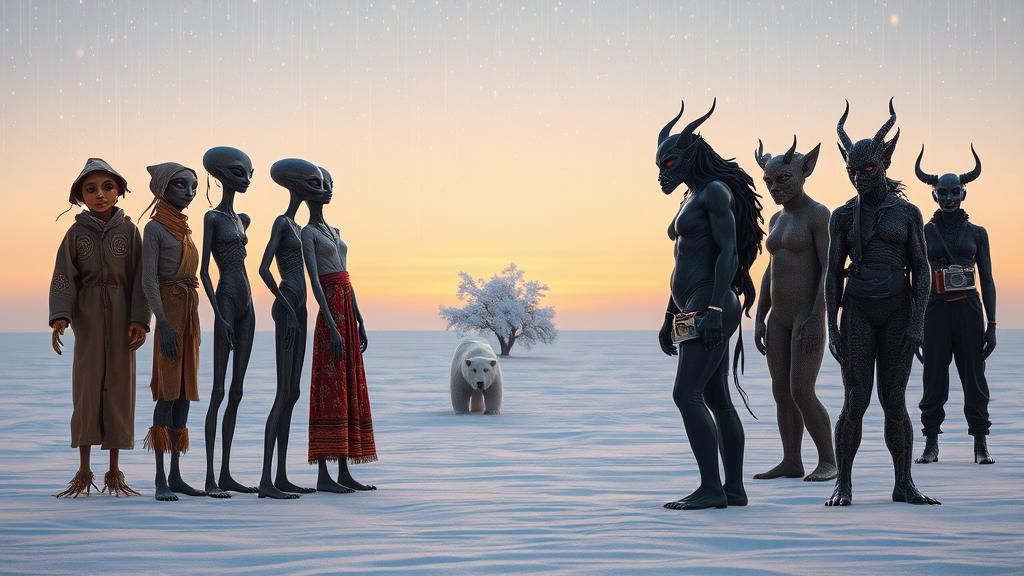 Surreal Snowfield Scene with Scarecrows and Aliens