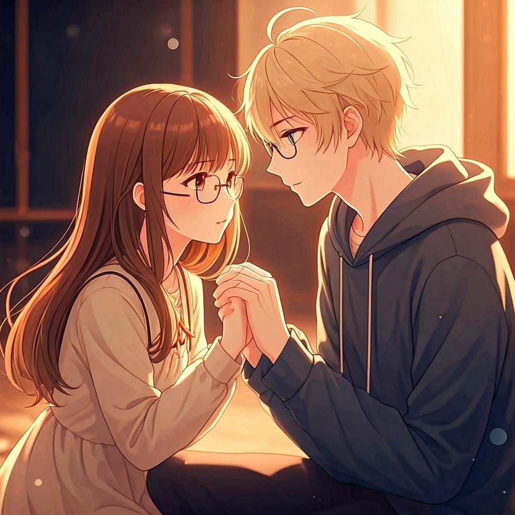 Anime Couple Holding Hands in Romantic Lighting