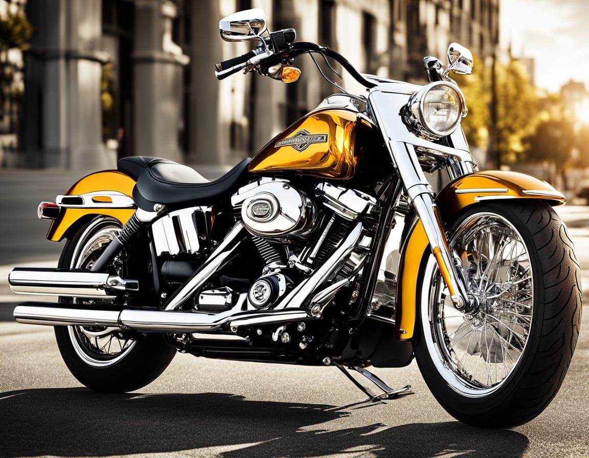 Glinting Chrome Accents on a Harley Davidson Bike in Warm Go...
