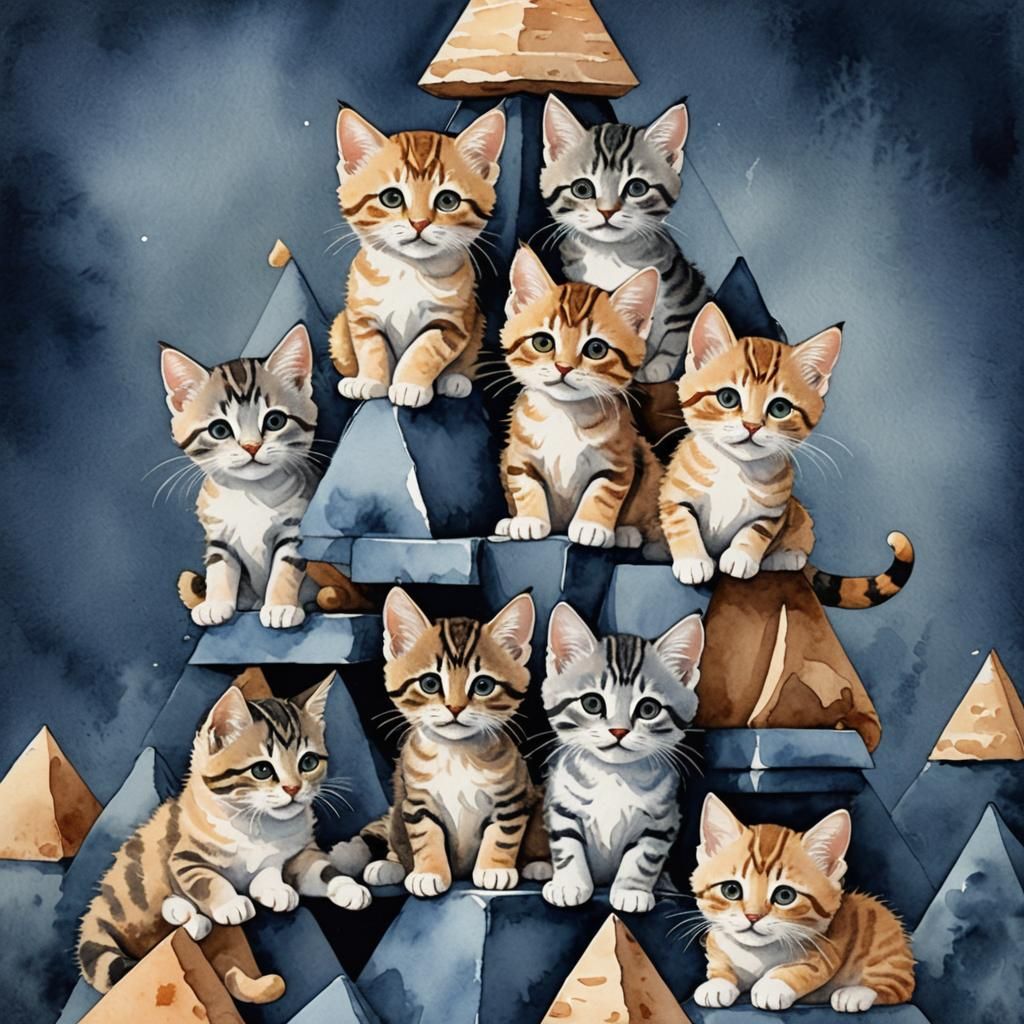 Playful Kittens Form Pyramid in Watercolor Illustration