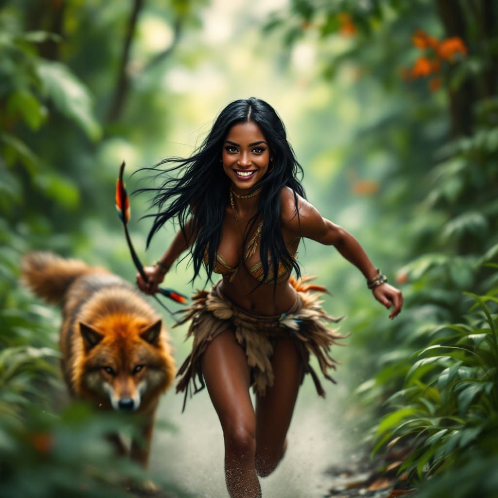 Indian Woman Runs Through Jungle with Wolf