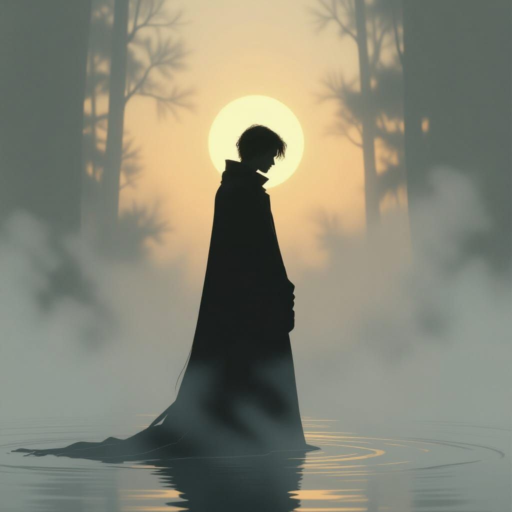 Contemplative Figure in Shadow with Watercolor Textures