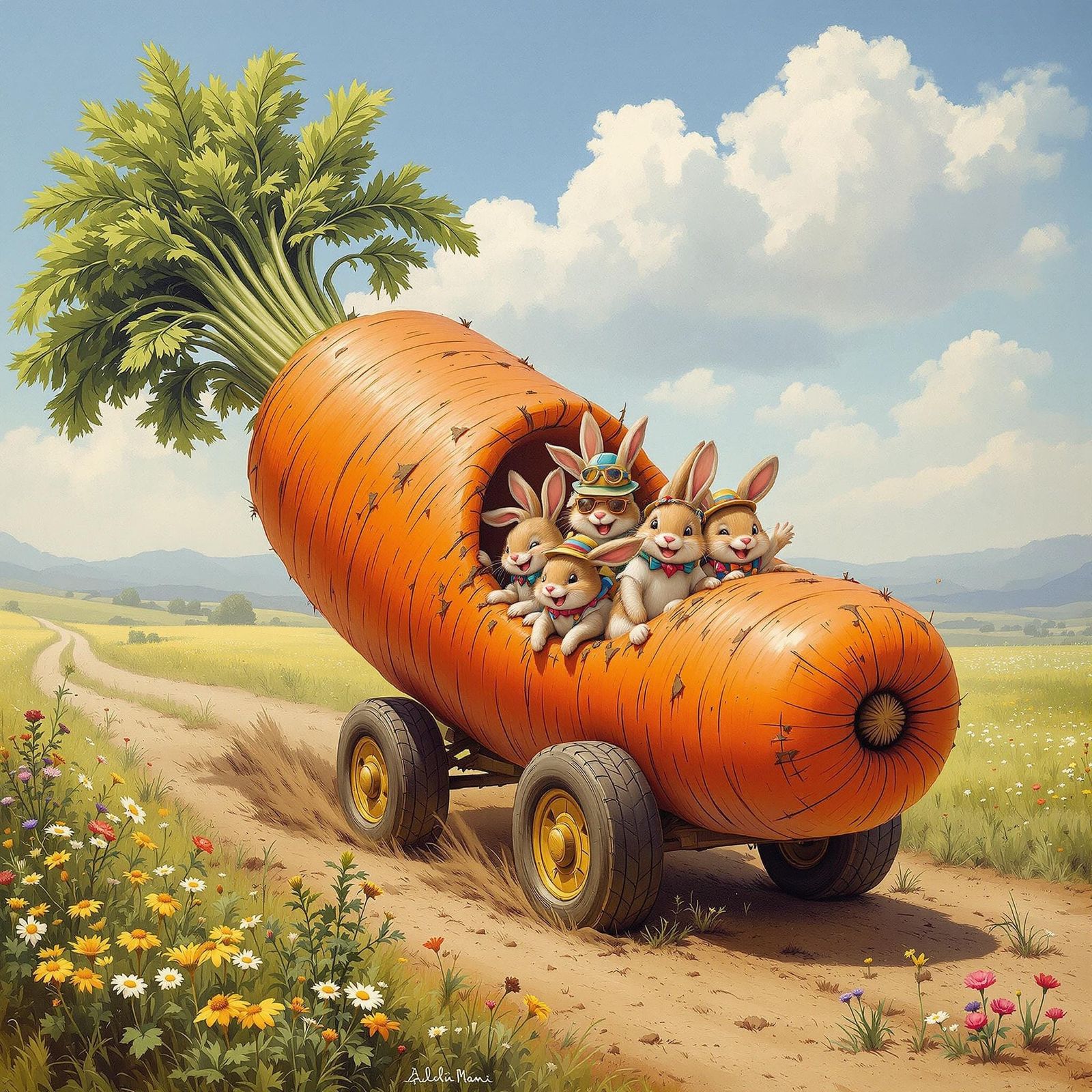 Surreal Hyperrealistic Oil Painting of Carrot Wagon Ride wit...